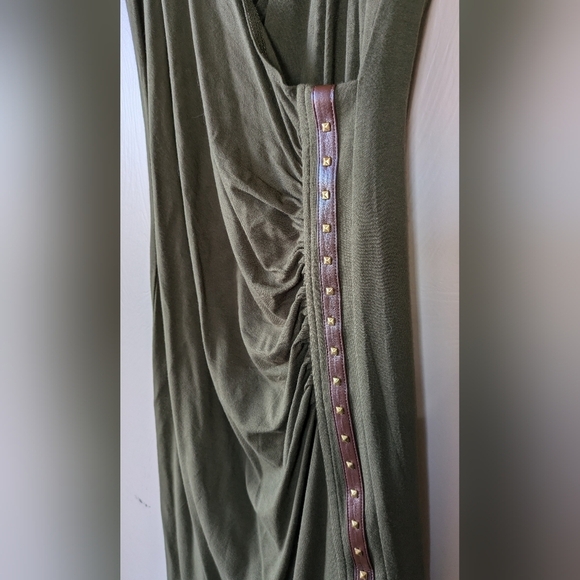 CARMEN MARC VALVO Dress, Faux Wrap, Olive Green, Brown Harness Trim, Size S - Picture 5 of 6